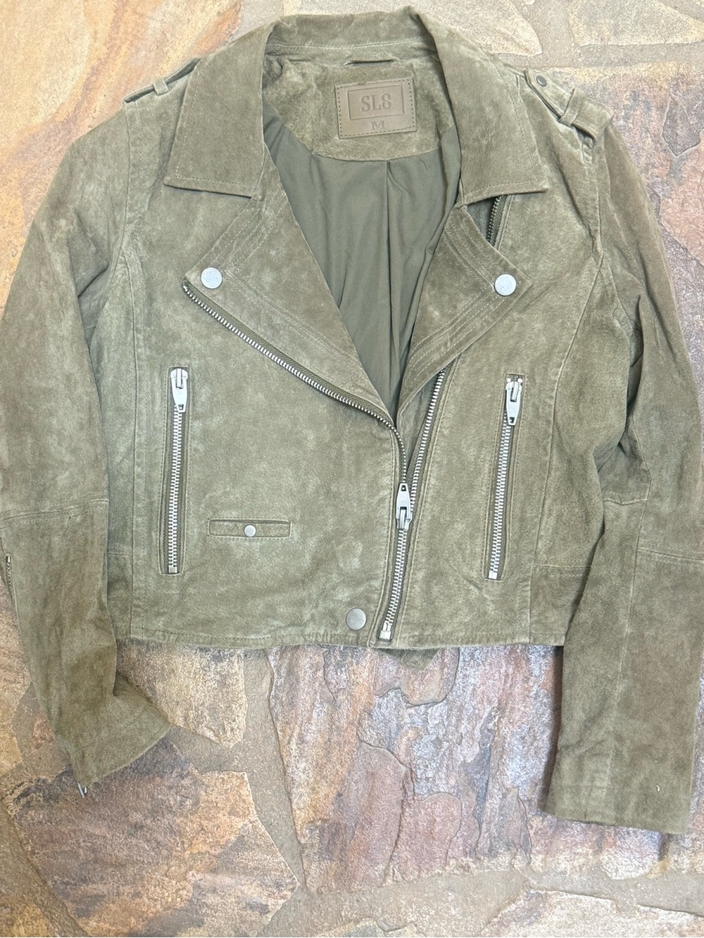 SL8 Olive Suede Leather Moto Jacket Size M Cropped Biker
